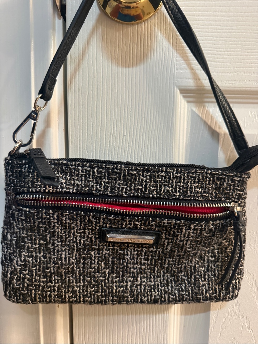 Dana Buchman Black & White Tweed Wristlet with Red Zip